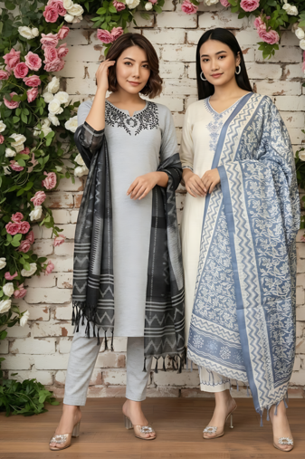 Pack Of 2 Women's khadi handmade cotton designer embroidery ethnic a line kurti with pant & dupatta set
