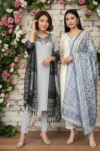 Pack Of 2 Women's khadi handmade cotton designer embroidery ethnic a line kurti with pant & dupatta set