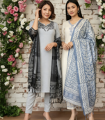 Pack Of 2 Women's khadi handmade cotton designer embroidery ethnic a line kurti with pant & dupatta set