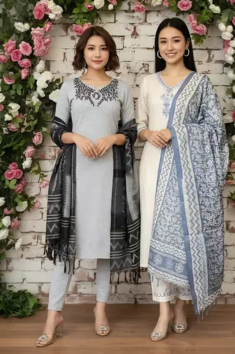 Pack Of 2 Women's khadi handmade cotton designer embroidery ethnic a line kurti with pant & dupatta set