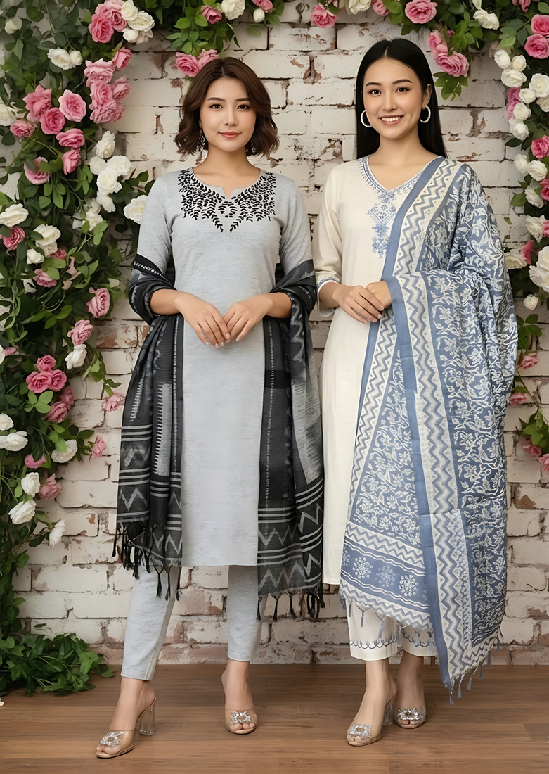 Pack Of 2 Women's khadi handmade cotton designer embroidery ethnic a line kurti with pant & dupatta set