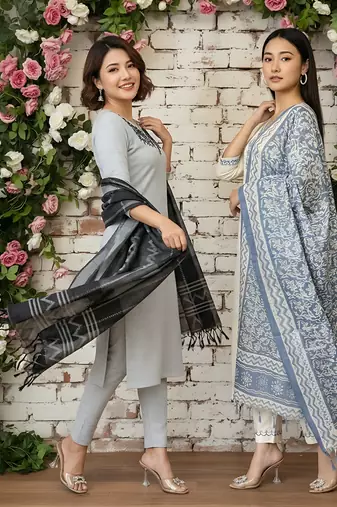Pack Of 2 Women's khadi handmade cotton designer embroidery ethnic a line kurti with pant & dupatta set