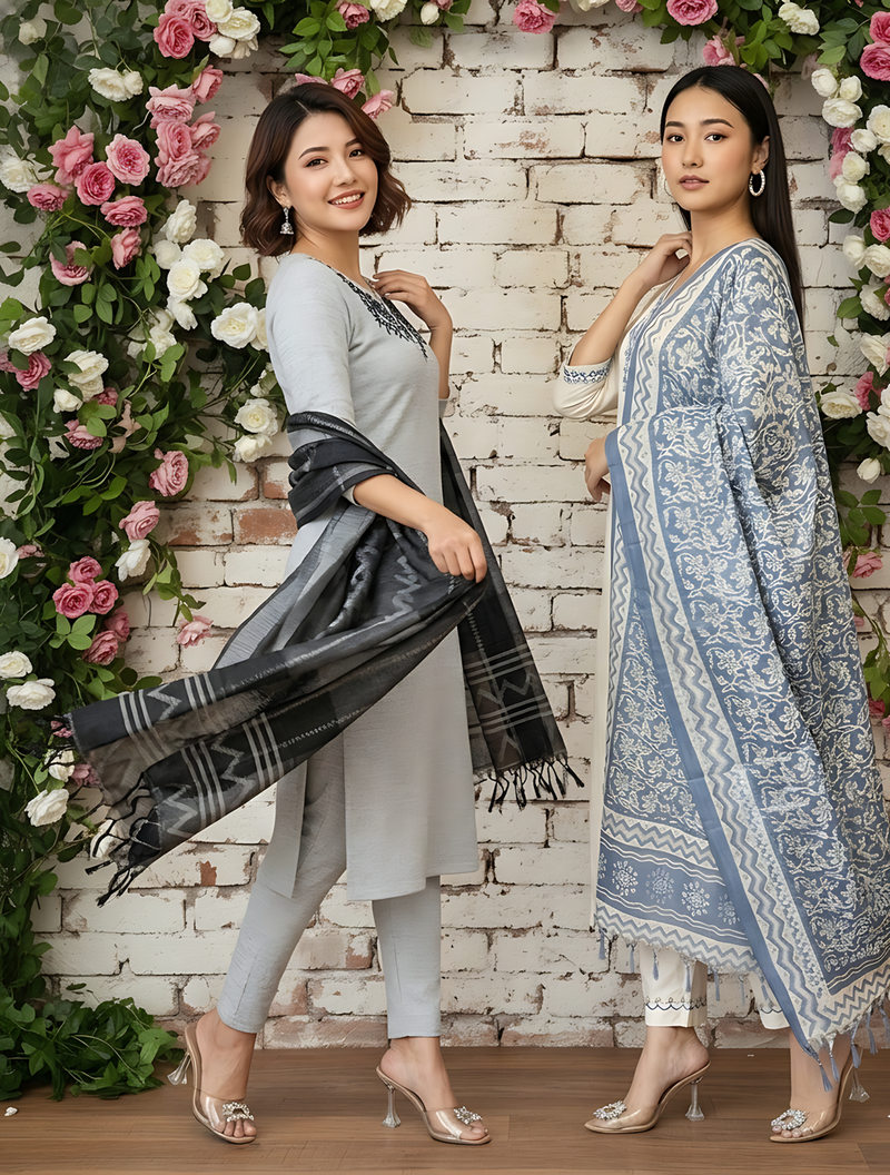 Pack Of 2 Women's khadi handmade cotton designer embroidery ethnic a line kurti with pant & dupatta set