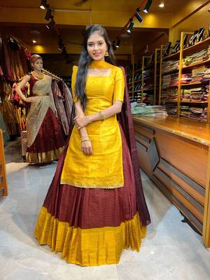New Maroon and Yellow Banarasi Silk Half Saree Lehenga Choli with Dupatta 2