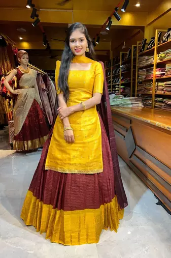 New Maroon and Yellow Banarasi Silk Half Saree Lehenga Choli with Dupatta