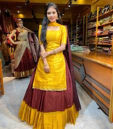 New Maroon and Yellow Banarasi Silk Half Saree Lehenga Choli with  Pleated Dupatta