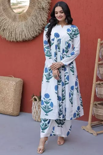 White floral printed cotton kurta pant set