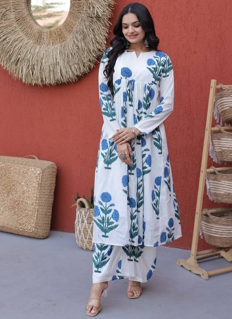 White floral printed cotton kurta pant set