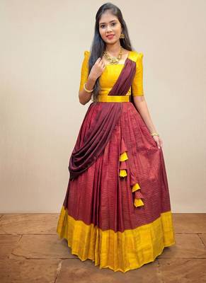 New Maroon and Yellow Banarasi Silk Half Saree Lehenga Choli with Dupatta 1