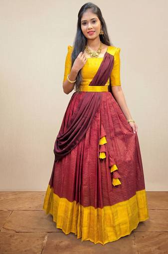 New Maroon and Yellow Banarasi Silk Half Saree Lehenga Choli with  Pleated Dupatta