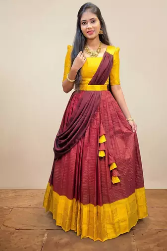 New Maroon and Yellow Banarasi Silk Half Saree Lehenga Choli with  Pleated Dupatta