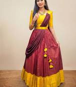 New Maroon and Yellow Banarasi Silk Half Saree Lehenga Choli with  Pleated Dupatta
