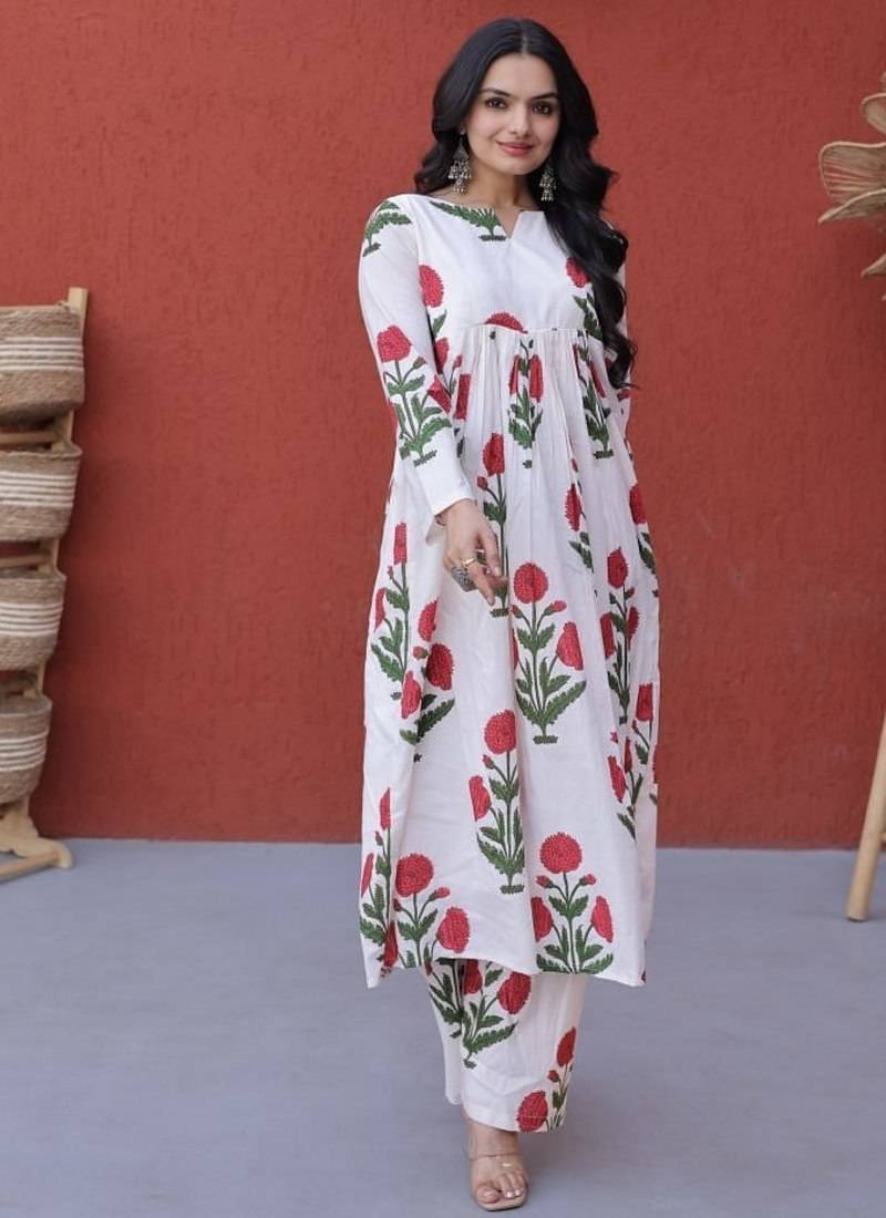 White floral printed cotton kurta pant set