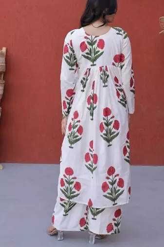 White floral printed cotton kurta pant set