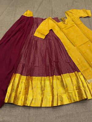 New Maroon and Yellow Banarasi Silk Half Saree Lehenga Choli with Dupatta 4