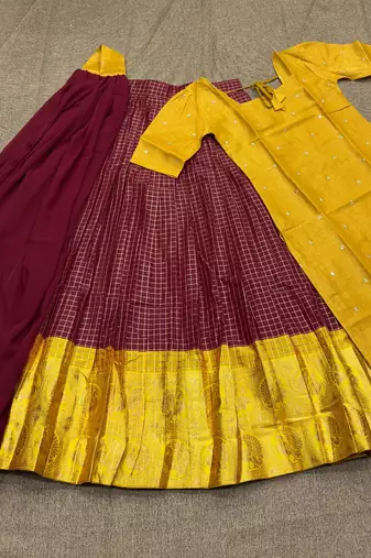 New Maroon and Yellow Banarasi Silk Half Saree Lehenga Choli with Dupatta