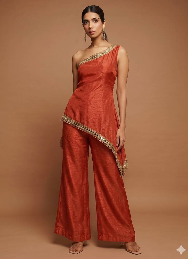 Orange one-shoulder fusion set