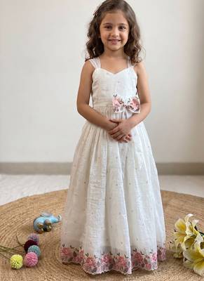 New latest girls sage green crinkled silk festive gown with handcrafted bow and lotus cutwork border 2