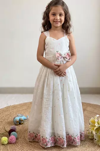 New latest girls sage green crinkled silk festive gown with handcrafted bow and lotus cutwork border