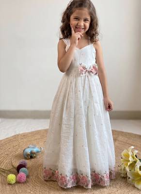 New latest girls sage green crinkled silk festive gown with handcrafted bow and lotus cutwork border 3