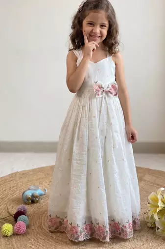 New latest girls sage green crinkled silk festive gown with handcrafted bow and lotus cutwork border