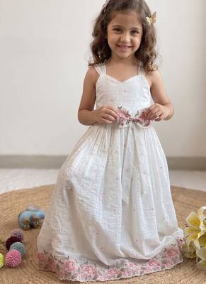 New latest girls sage green crinkled silk festive gown with handcrafted bow and lotus cutwork border 4