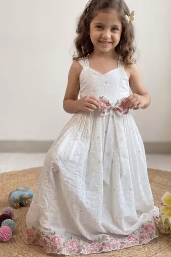 New latest girls sage green crinkled silk festive gown with handcrafted bow and lotus cutwork border