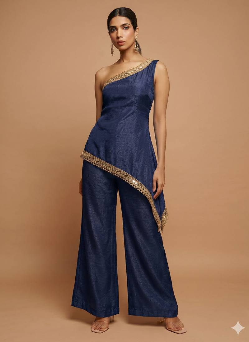 Navy blue one-shoulder fusion set