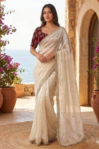 Off White Color sequence embroidery work  Sartin saree
