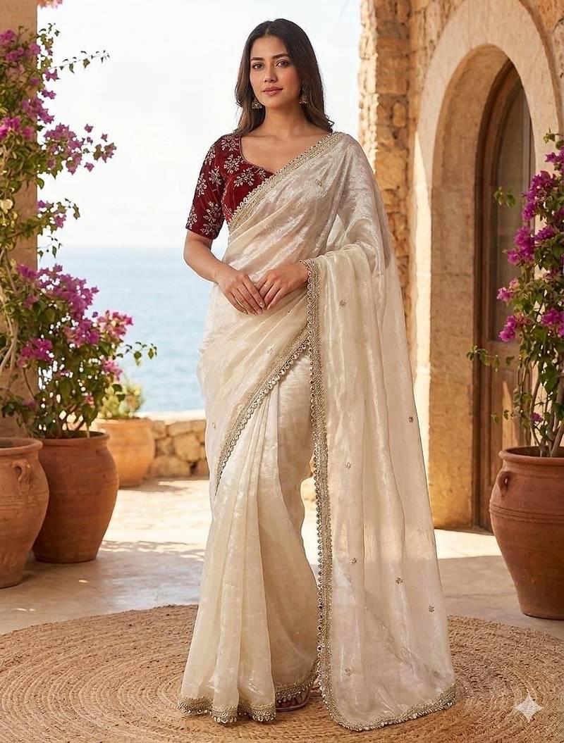 Off White Color sequence embroidery work  Sartin saree