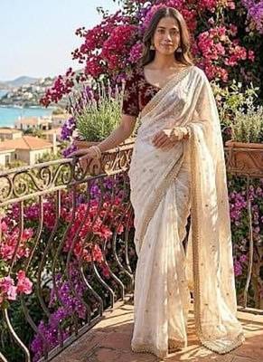 Off White Color sequence embroidery work  Sartin saree 2