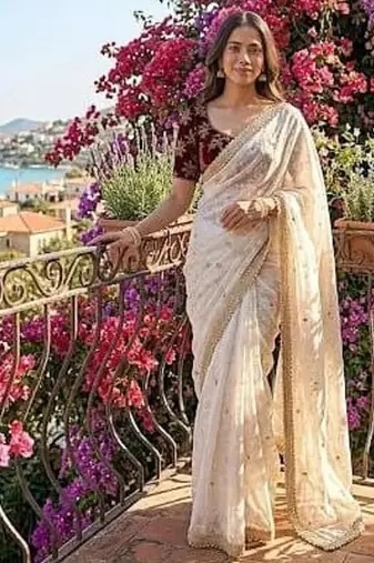 Off White Color sequence embroidery work  Sartin saree
