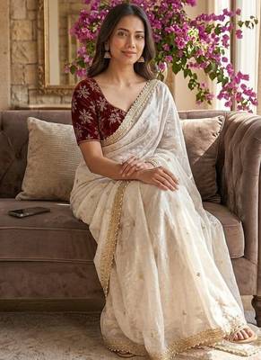 Off White Color sequence embroidery work  Sartin saree 3