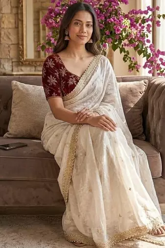 Off White Color sequence embroidery work  Sartin saree