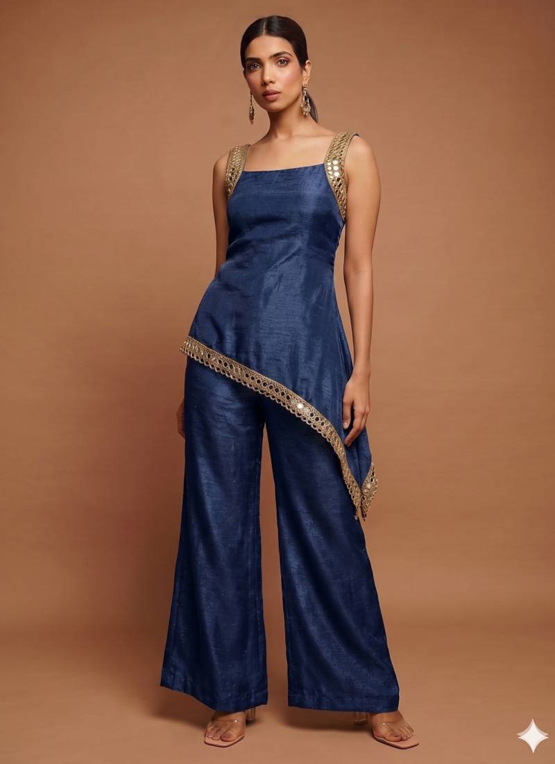 Navy blue asymmetrical palazzo set