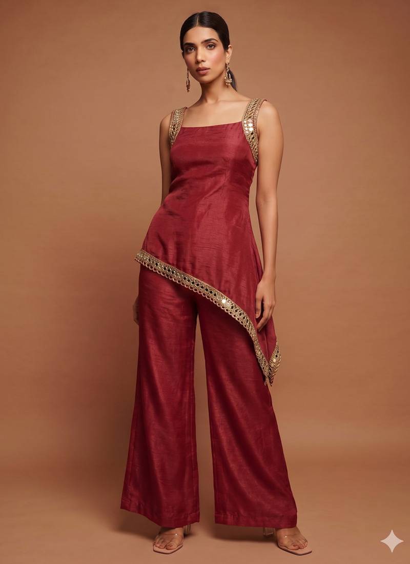 Dark red  asymmetrical palazzo set