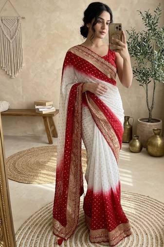 White Color embroidery sequence coding lace Work Georgette Saree