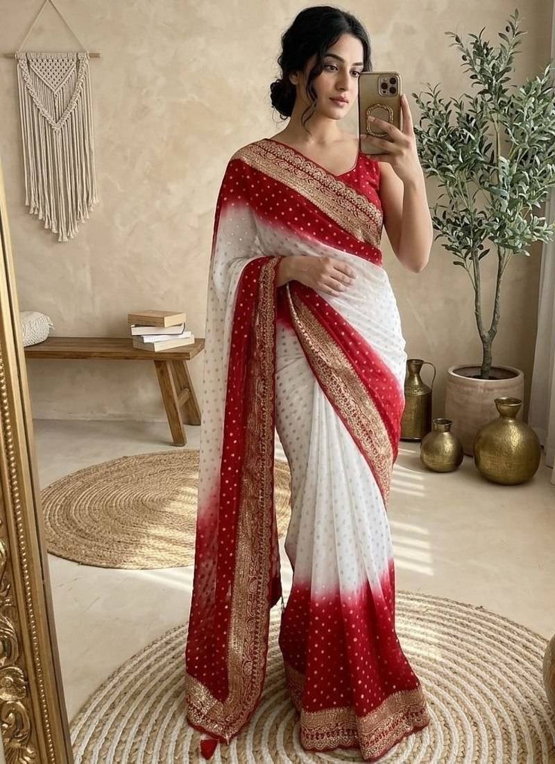 White Color embroidery sequence coding lace Work Georgette Saree