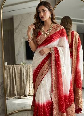 White Color embroidery sequence coding lace Work Georgette Saree 2
