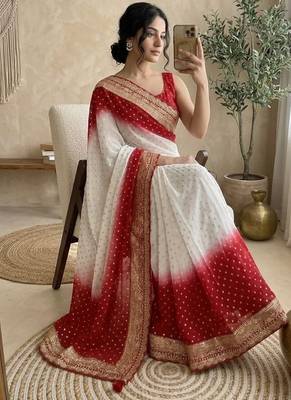 White Color embroidery sequence coding lace Work Georgette Saree 3