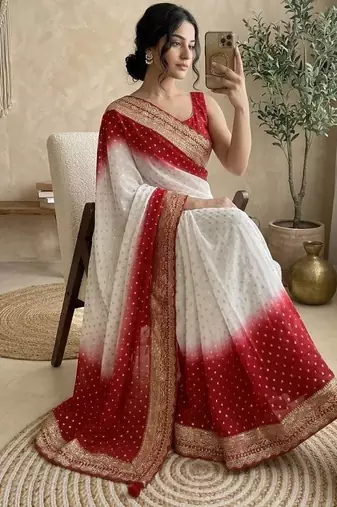 White Color embroidery sequence coding lace Work Georgette Saree