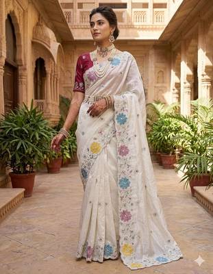 White Color embroidery sequence work Silk Blend Saree 1