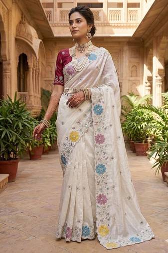 White Color embroidery sequence work Silk Blend Saree