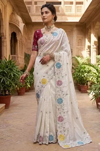 White Color embroidery sequence work Silk Blend Saree