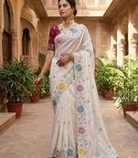 White Color embroidery sequence work Silk Blend Saree