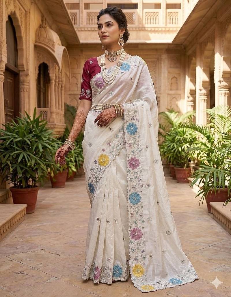 White Color embroidery sequence work Silk Blend Saree
