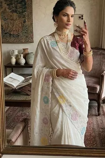 White Color embroidery sequence work Silk Blend Saree