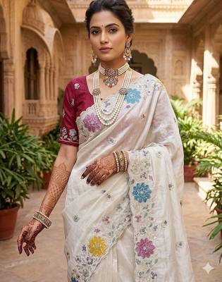 White Color embroidery sequence work Silk Blend Saree 3