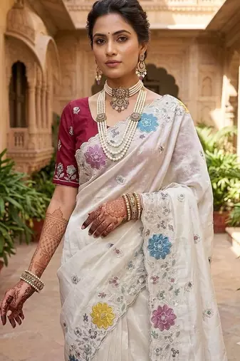 White Color embroidery sequence work Silk Blend Saree