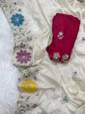 White Color embroidery sequence work Silk Blend Saree 4